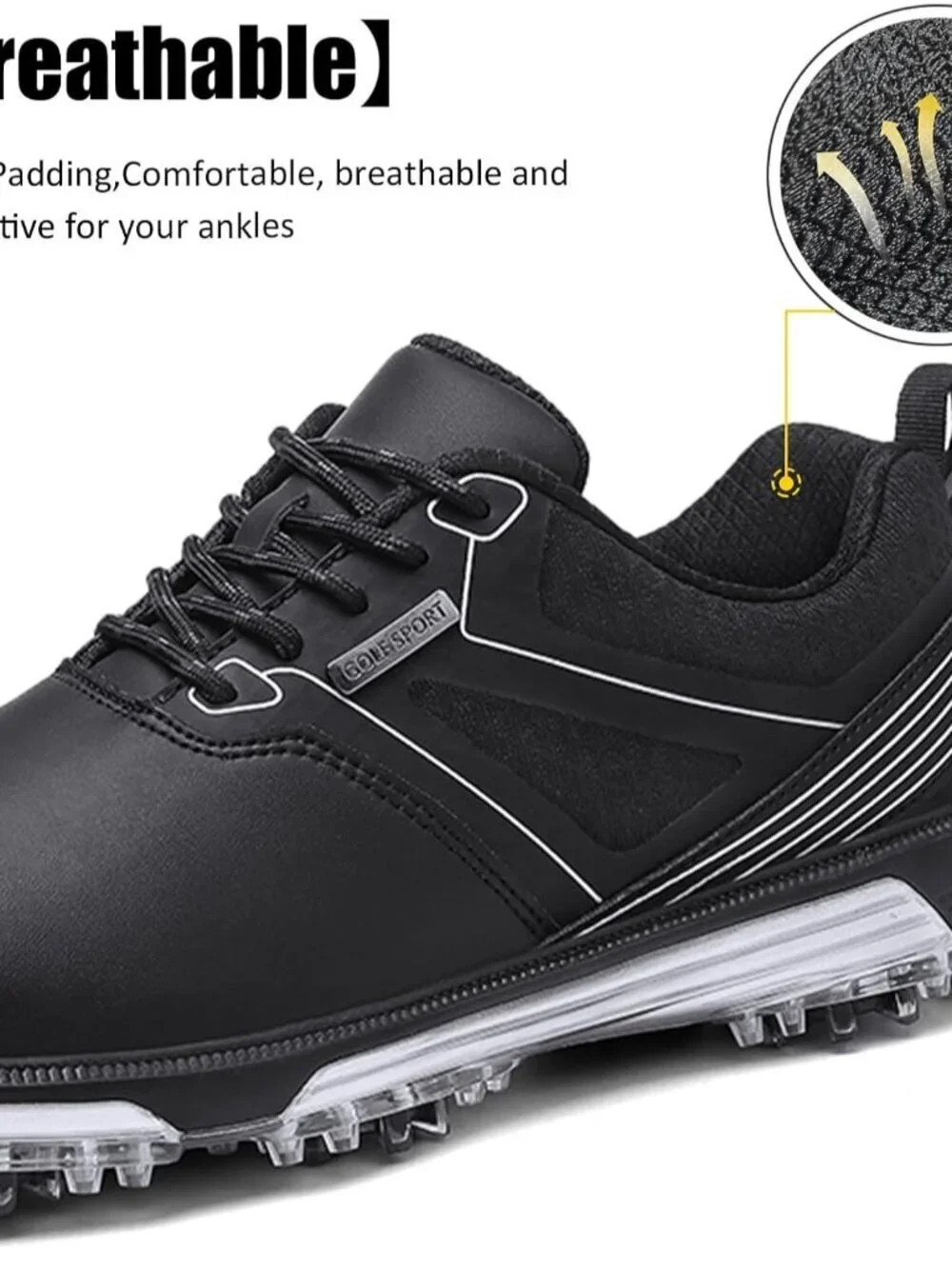 Men's Black Golf Shoes Fixed Nail Less Sole Waterproof Lightweight No-slip
